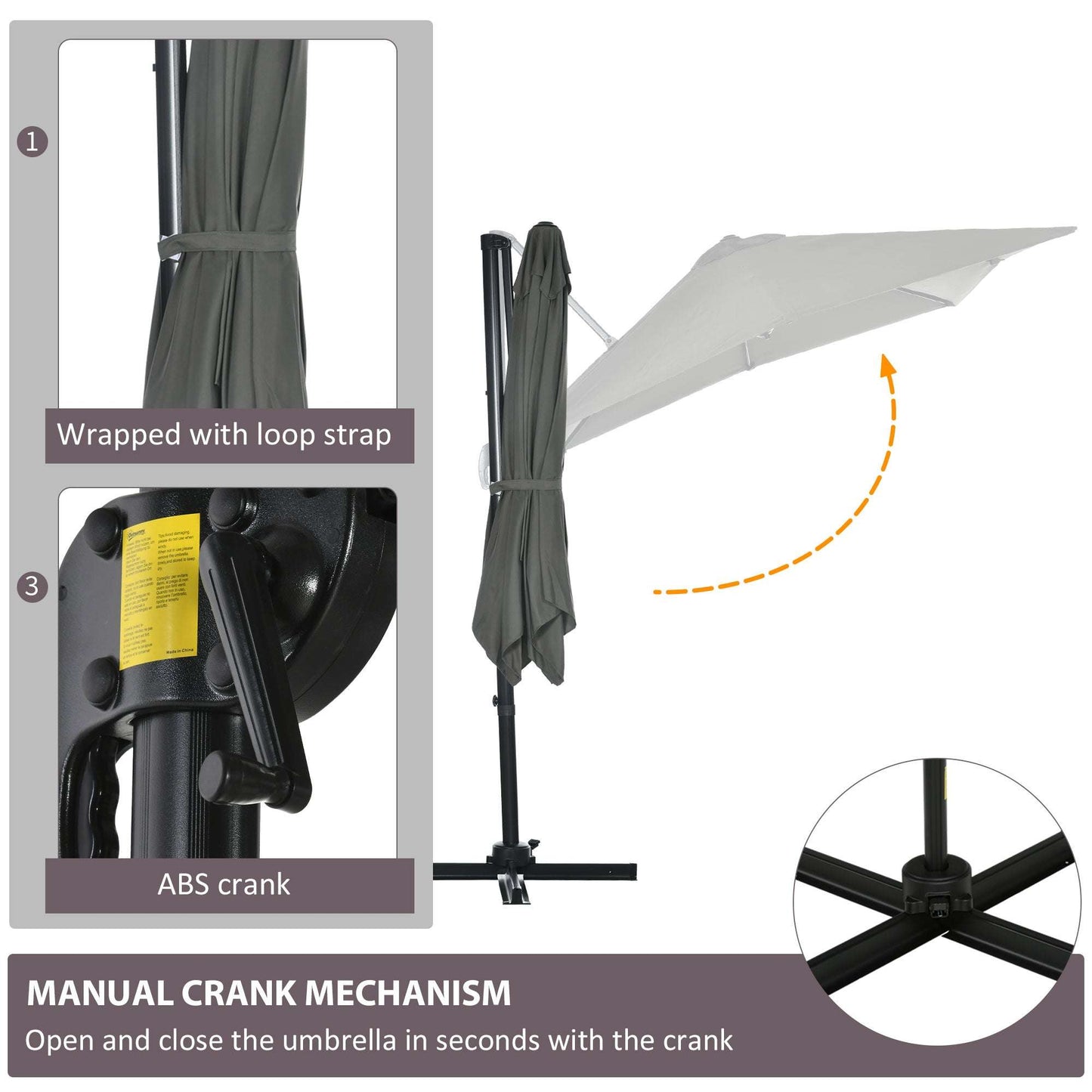 Manual crank mechanism of an umbrella with close-up details on a white background
