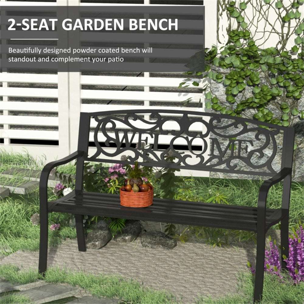 2 seat garden bench powder coated and saying WELCOME