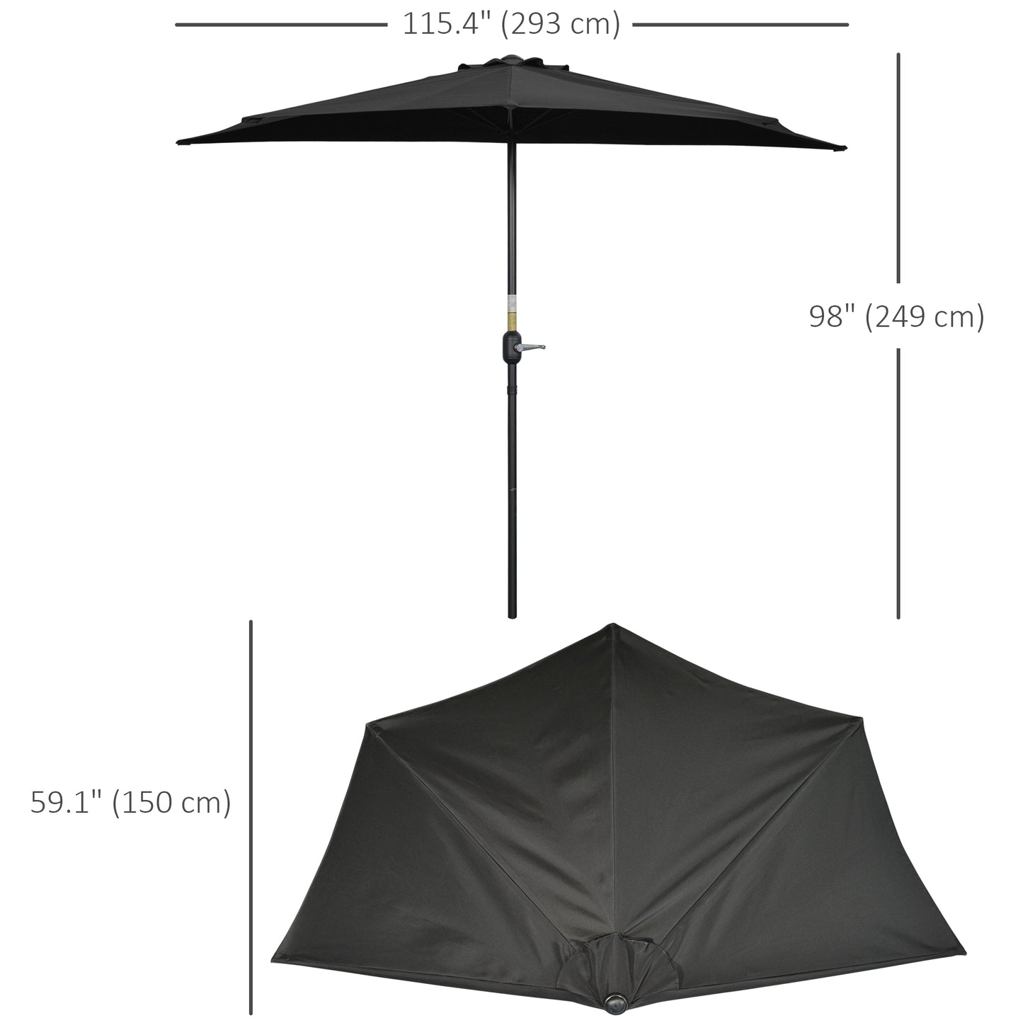 Black patio umbrella with dimensions labeled on a white background