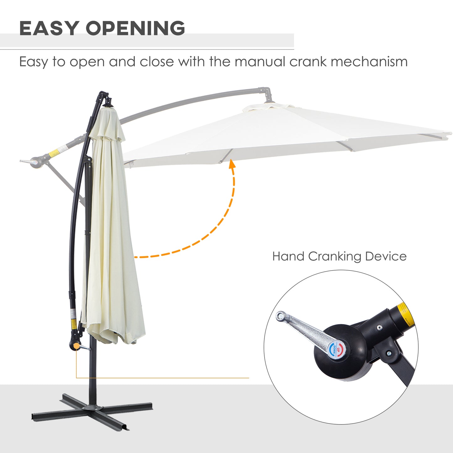 Outdoor umbrella with manual crank mechanism on a white background
