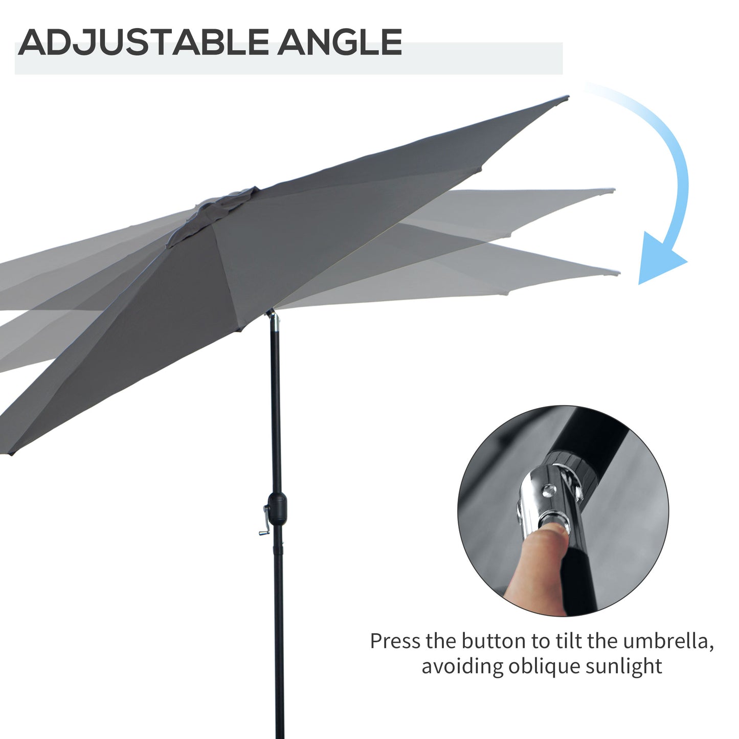 Grey umbrella with adjustable angle feature on a white background