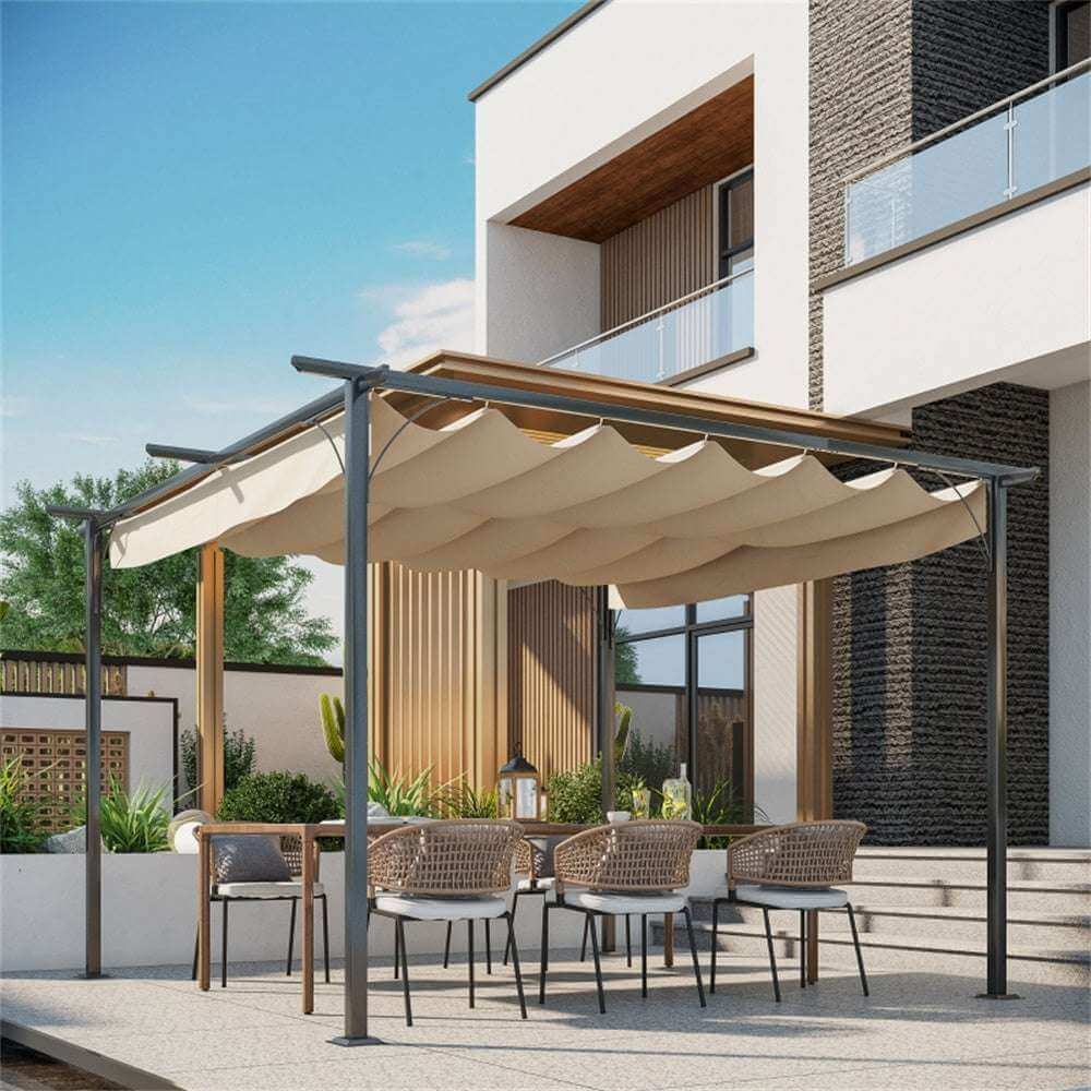Beige garden canopy providing shade over a patio table with chairs in front of a modern building.