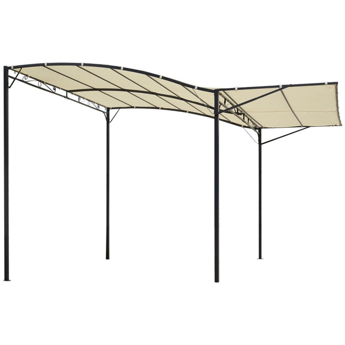 Beige outdoor canopy with black metal frame on a white background