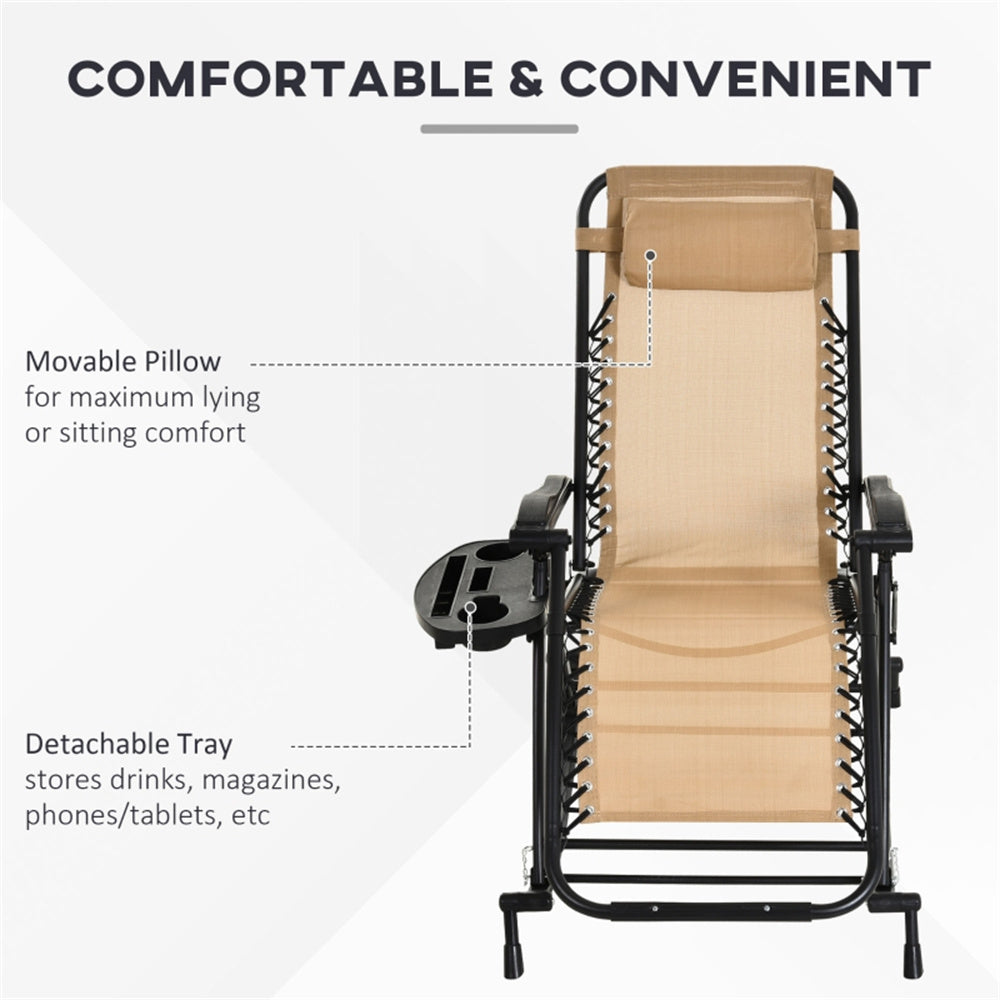 Beige recliner chair with movable pillow and detachable tray on a white background