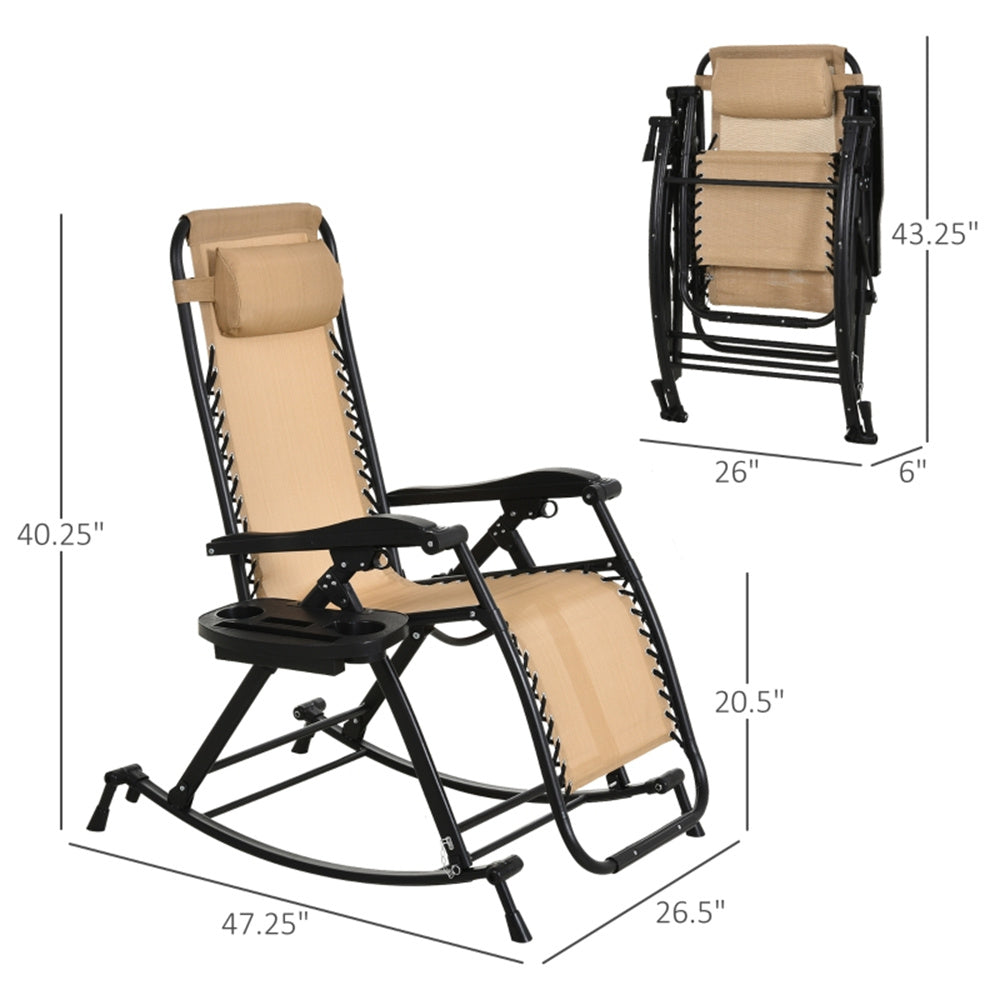 Beige reclining chair with black frame and dimensions displayed on a white background