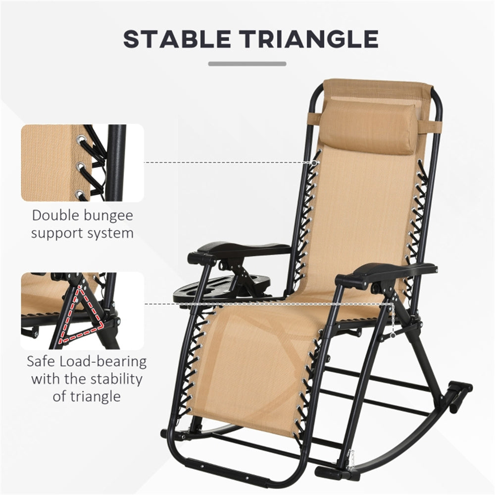 Beige reclining chair with black frame and text highlighting stable triangle design and double bungee support system.