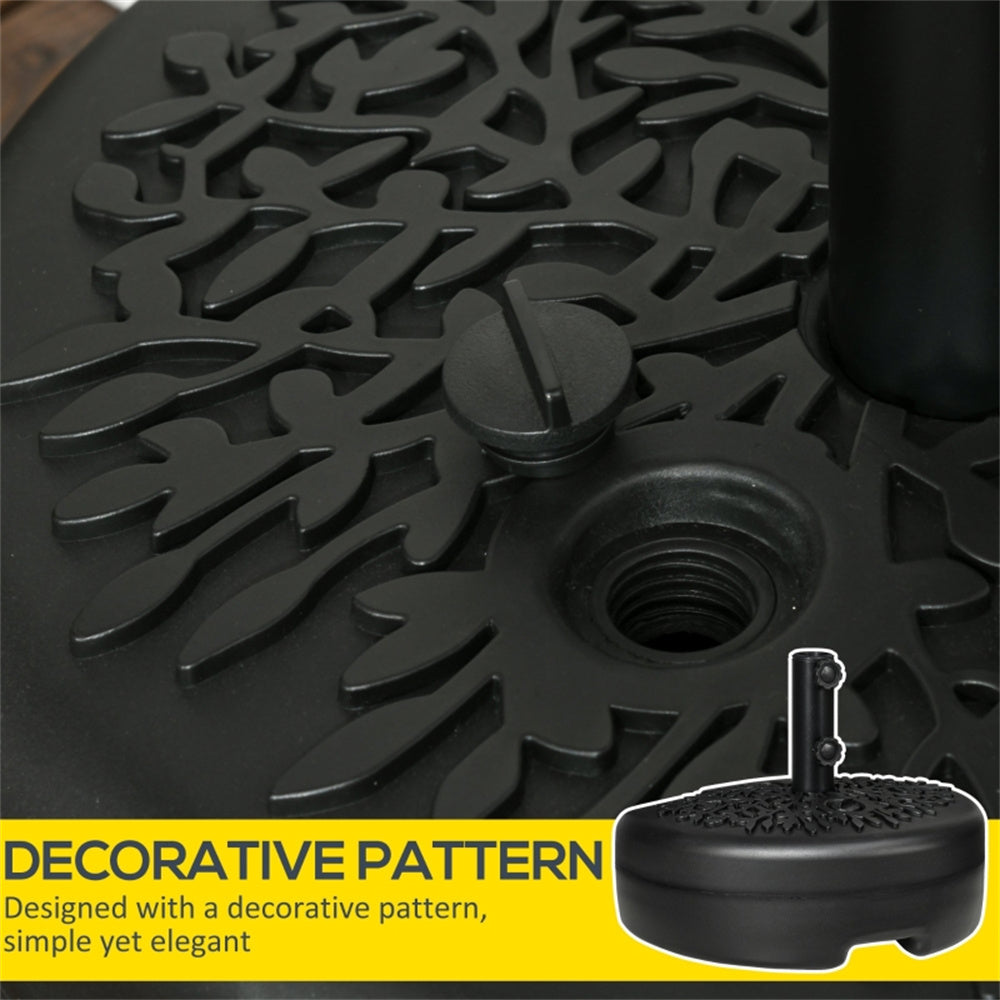 Black decorative patterned object with a screw and text on a yellow background