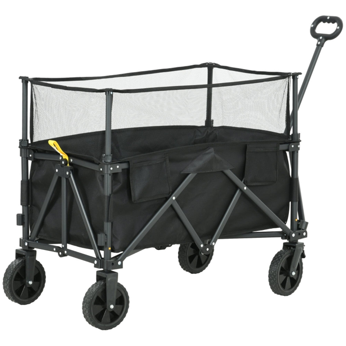 Black folding wagon with mesh top and black cover on a white background