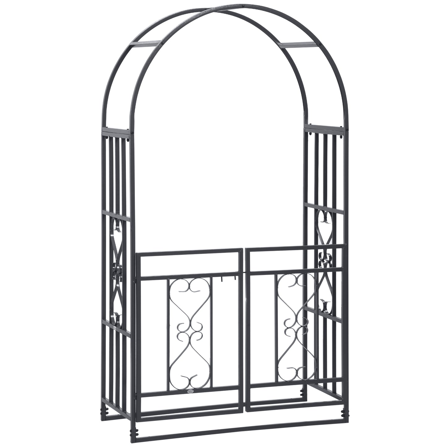 Black metal garden arch with decorative patterns on a white background