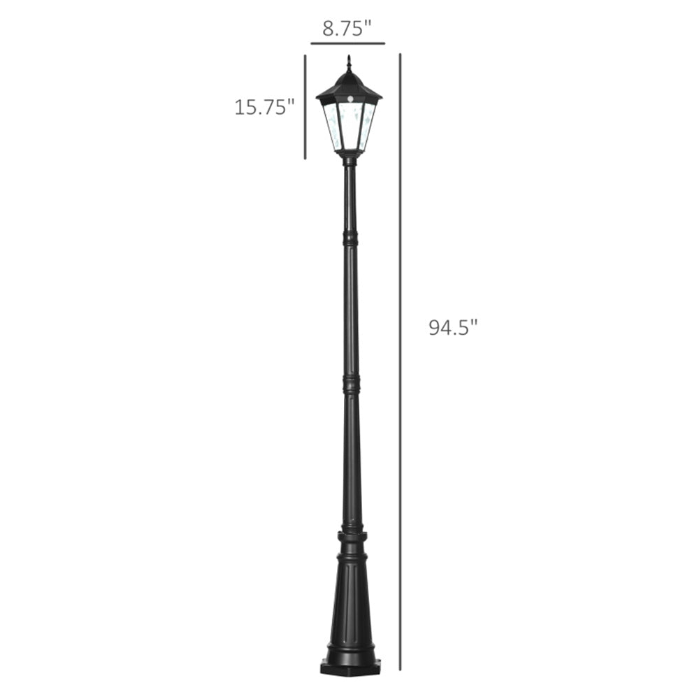 Black outdoor lamp post with dimensions on a white background