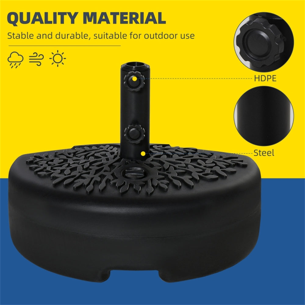 Black outdoor umbrella base with quality material text and icons on a yellow and blue background