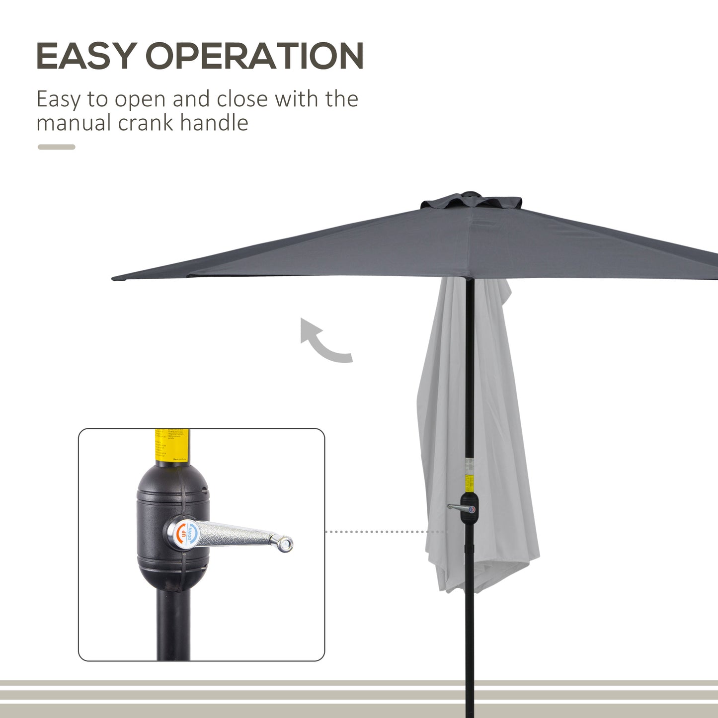 Grey outdoor umbrella with manual crank handle on a white background