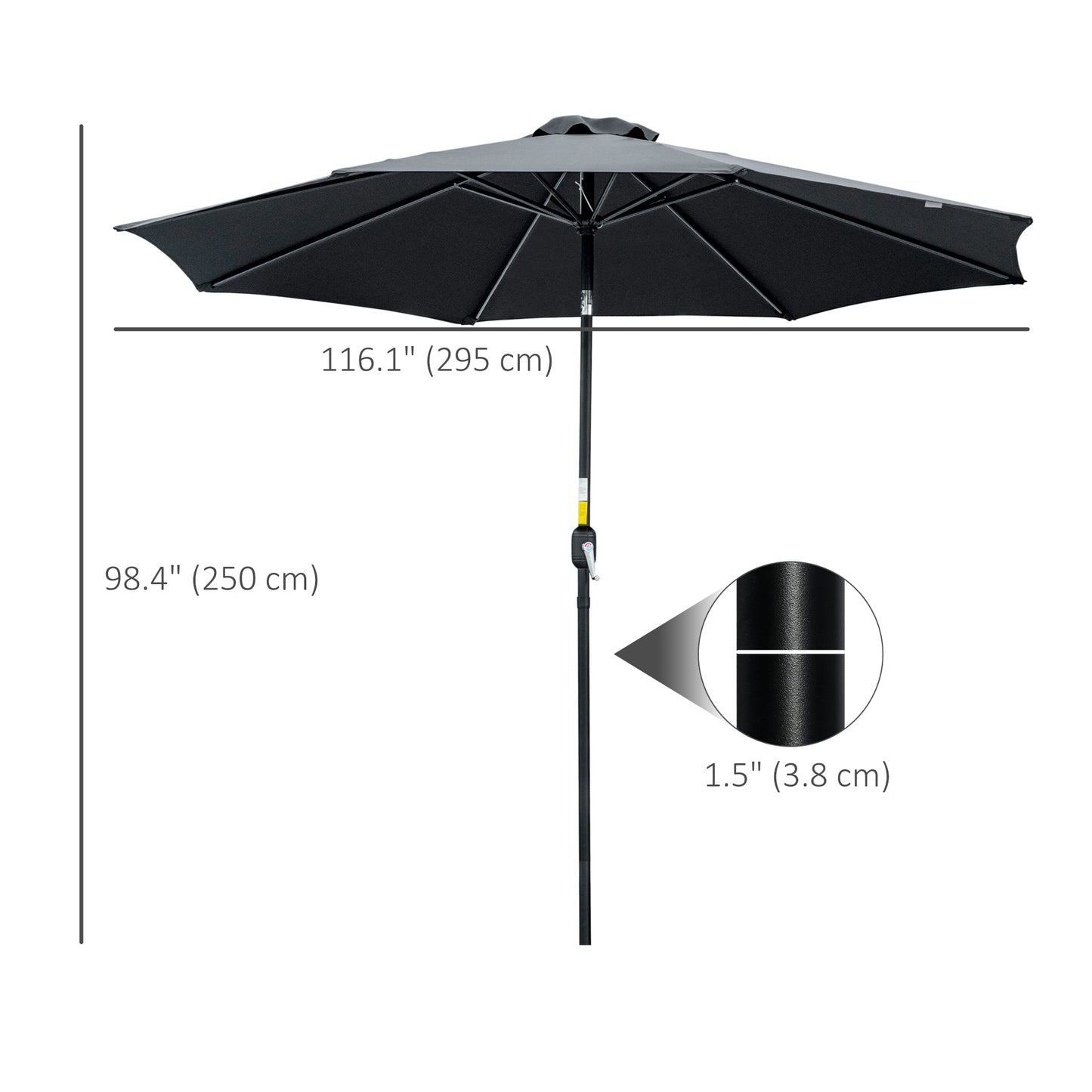 Black patio umbrella with measurements on a white background