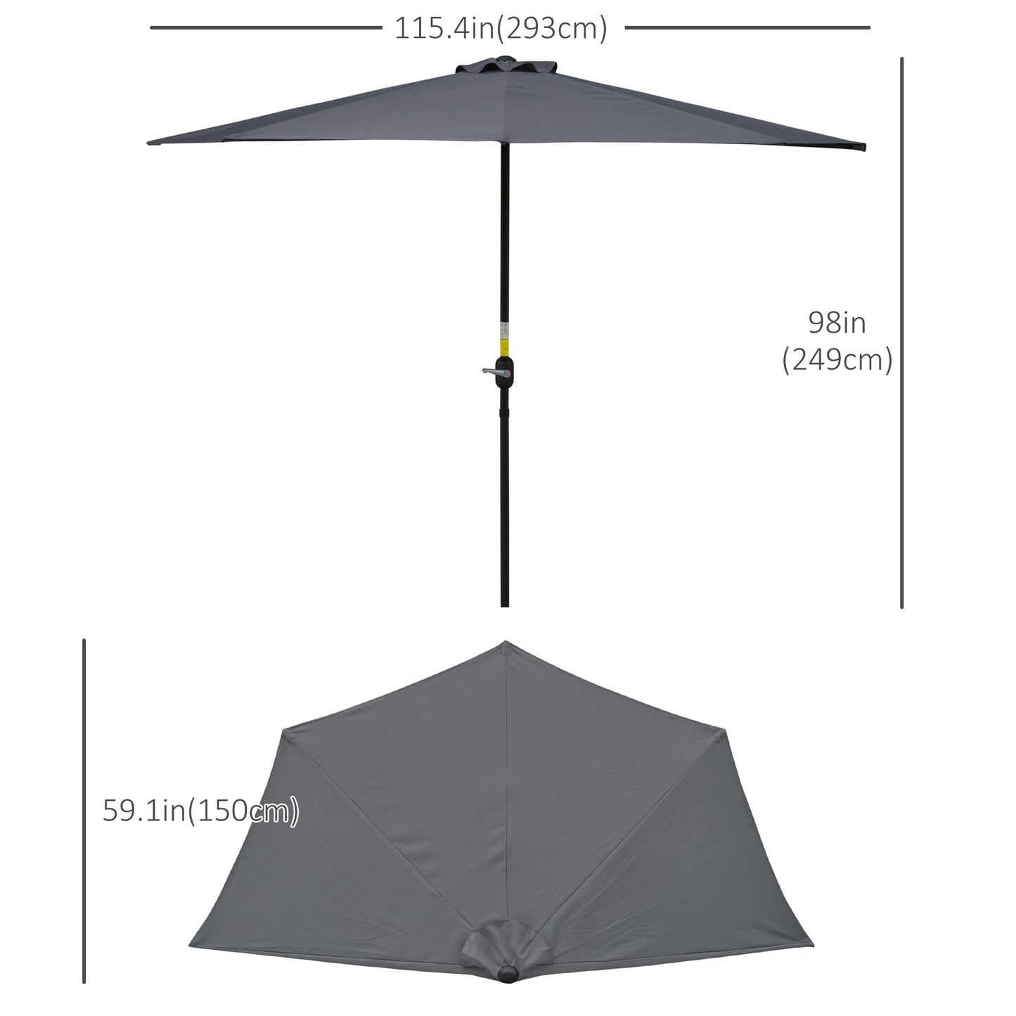 Gray patio umbrella with measurements on a white background