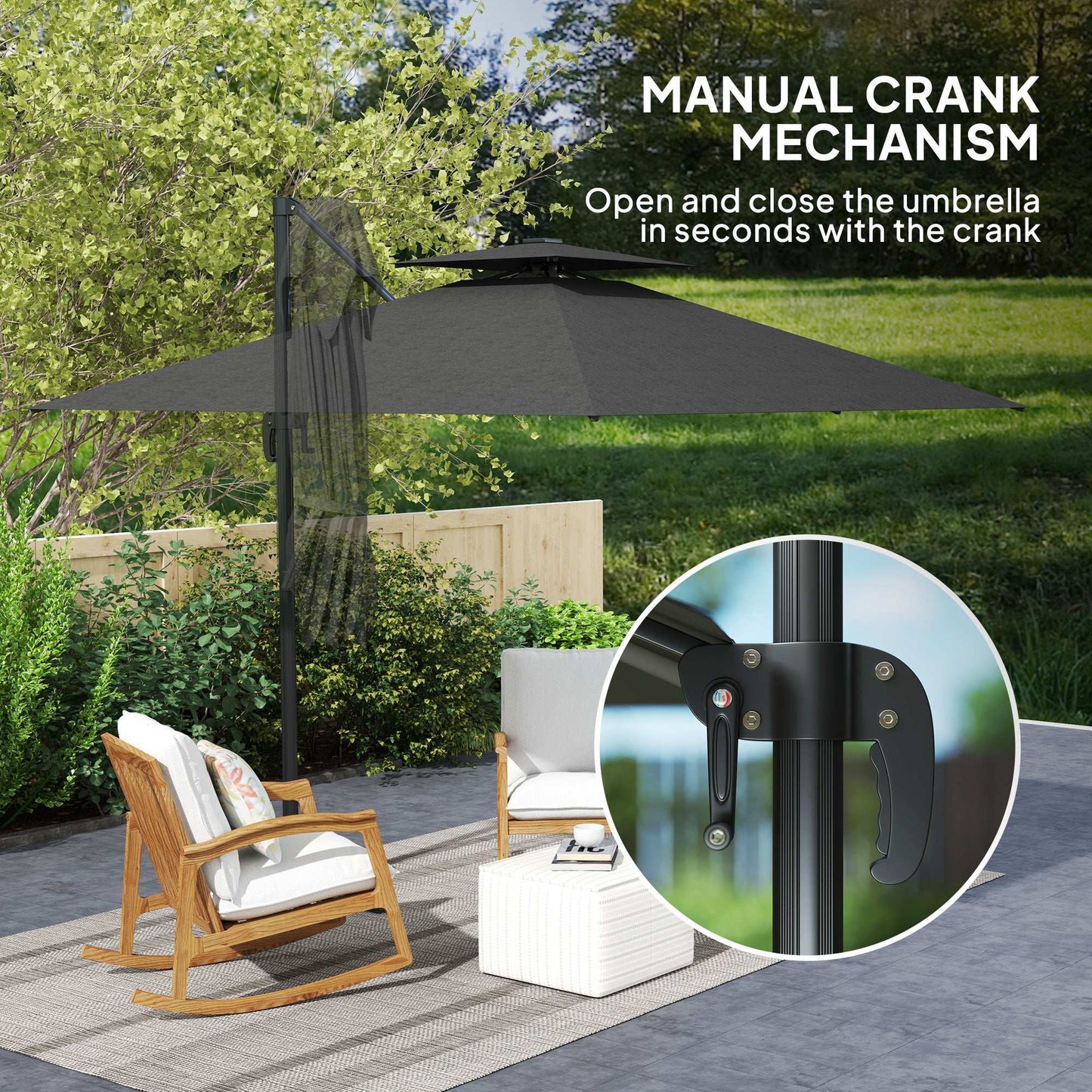 Black patio umbrella with manual crank mechanism in a garden setting