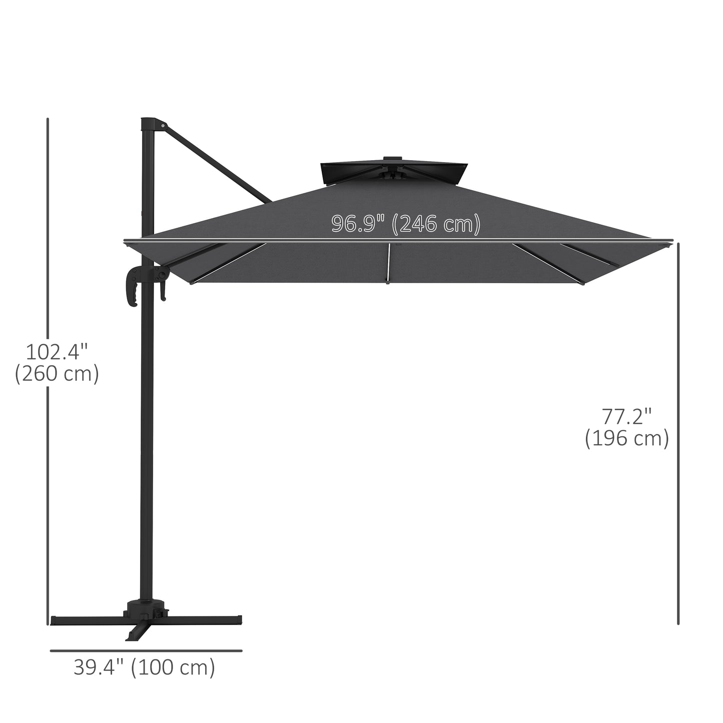Black patio umbrella with measurement details on a white background