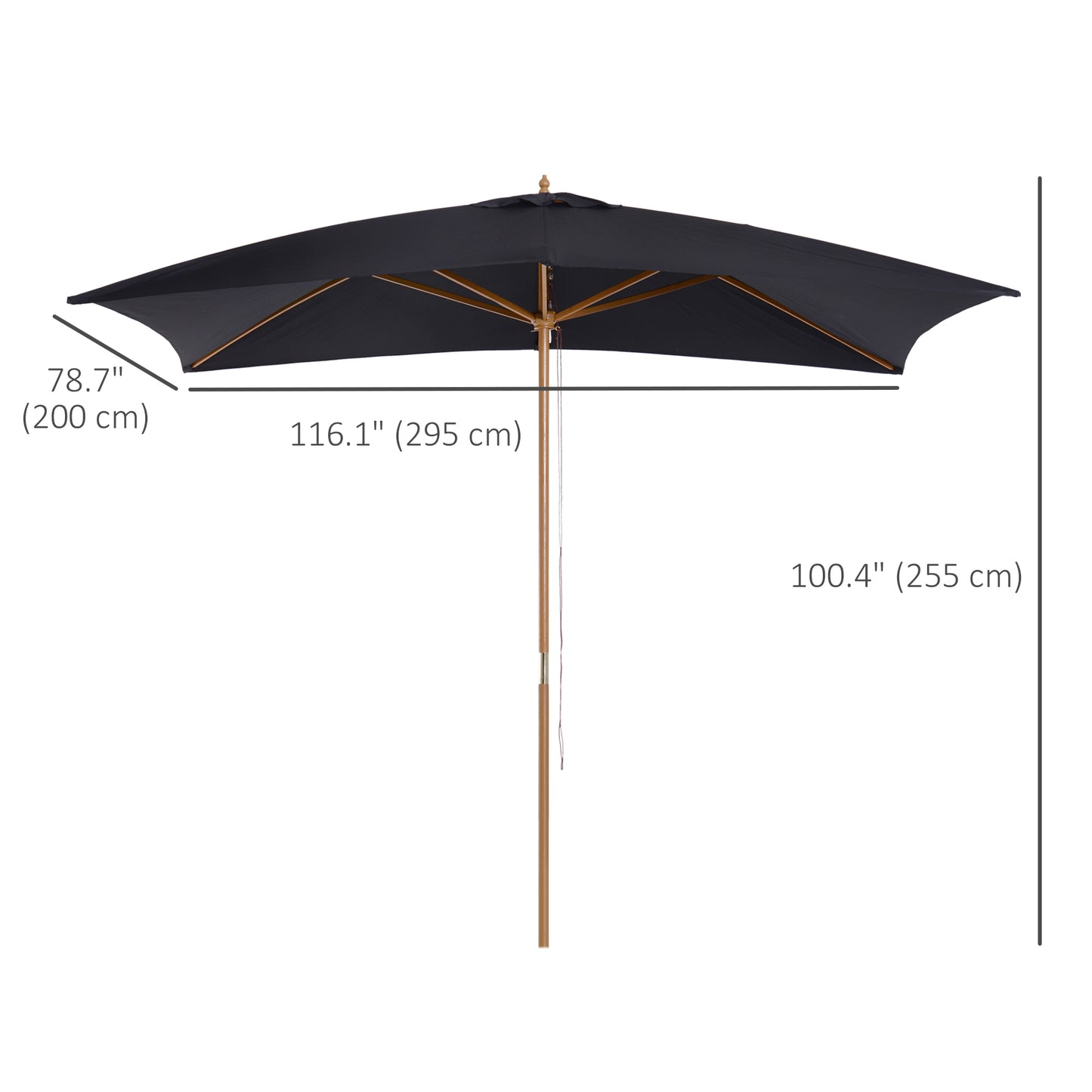 Black patio umbrella with measurements on a white background