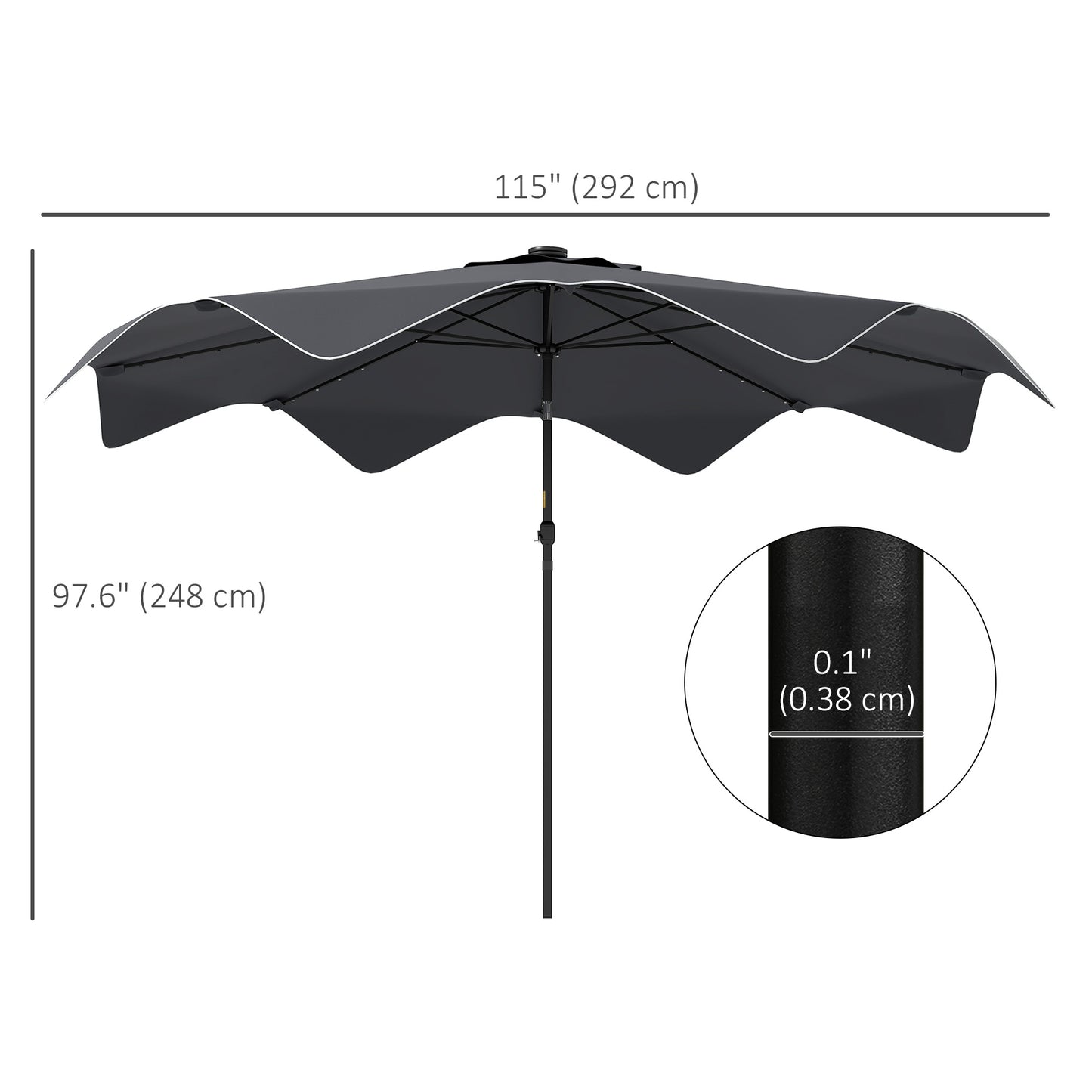 Black patio umbrella with measurements on a white background