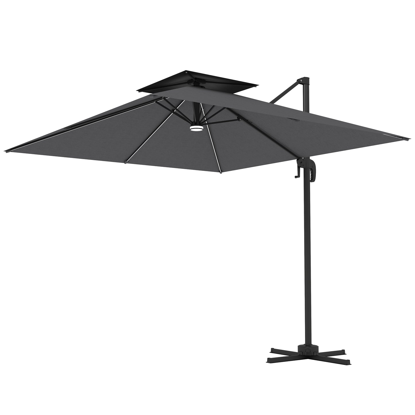 Black patio umbrella with stand on a white background