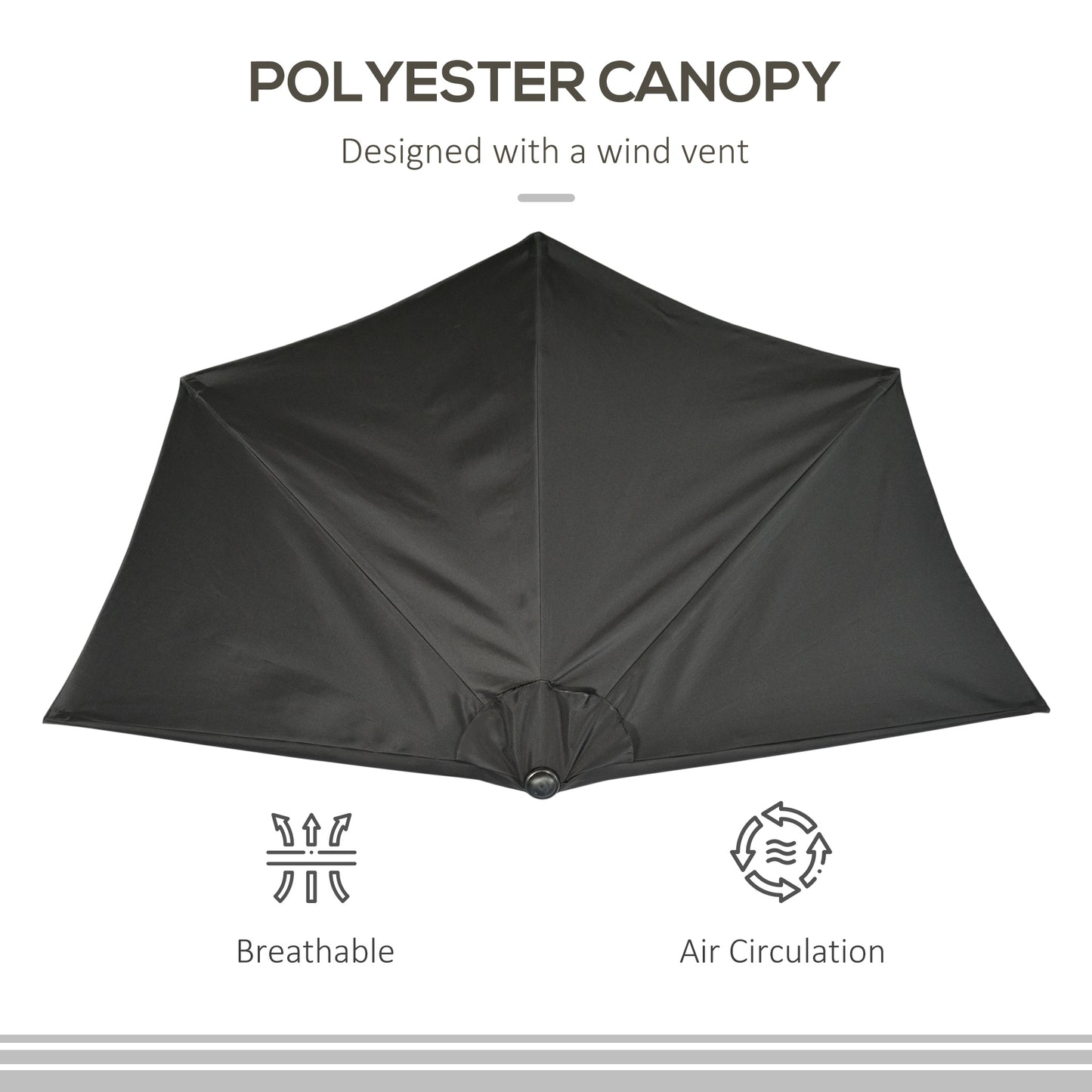 Black polyester canopy with text and icons on a white background