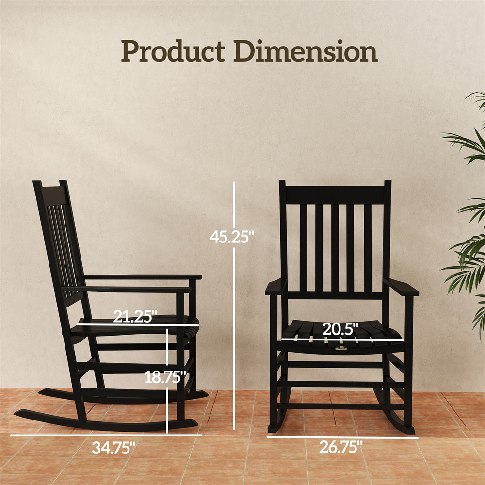Black rocking chairs with dimensions marked on a beige background