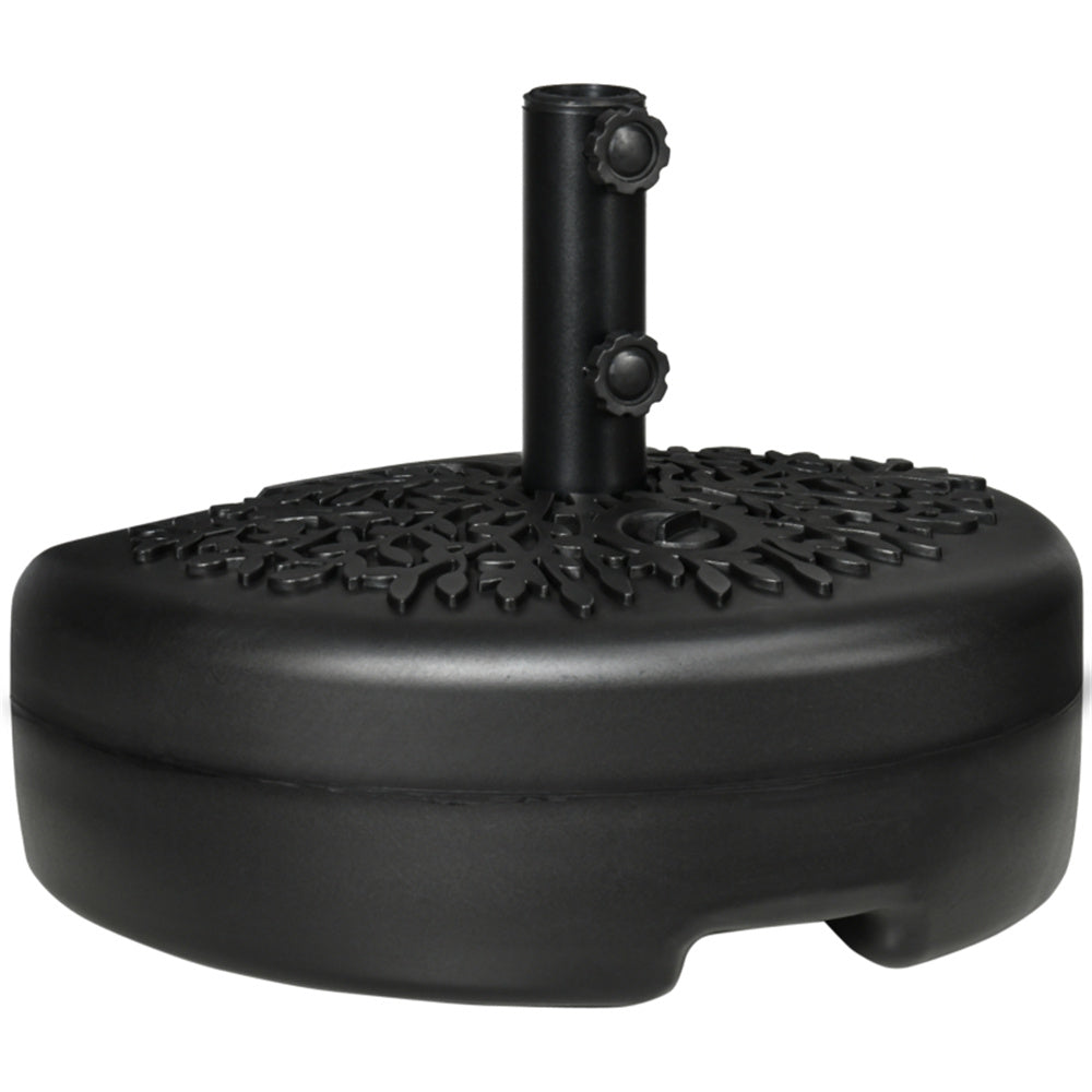 Black metal umbrella base with decorative top on a white background