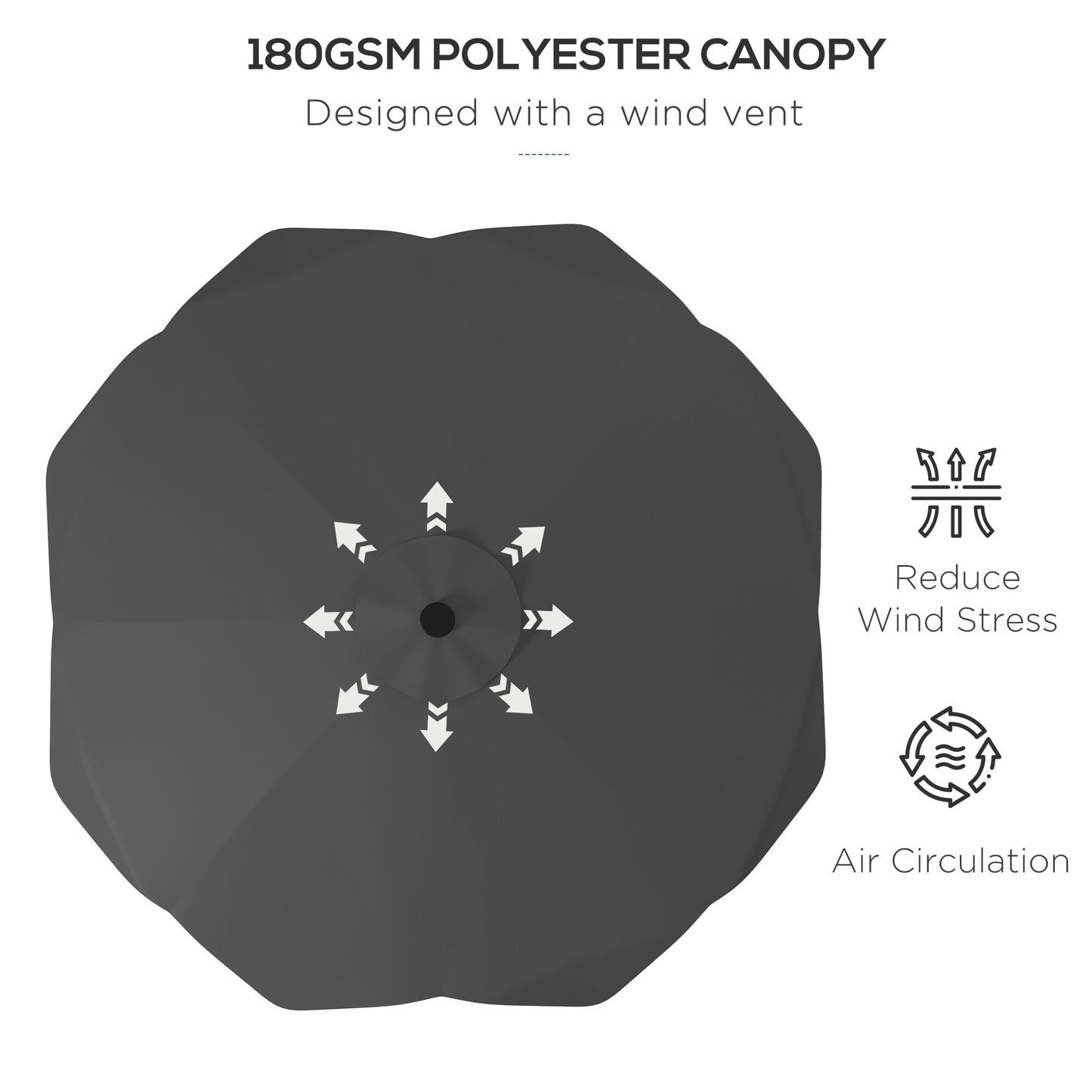 Black umbrella canopy with text and icons on a white background