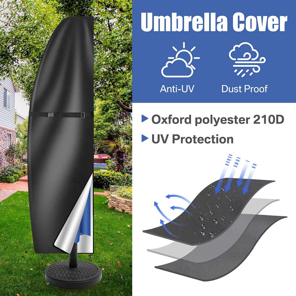 Black umbrella cover with text highlighting features like anti-UV and dust proof, set against a garden background.