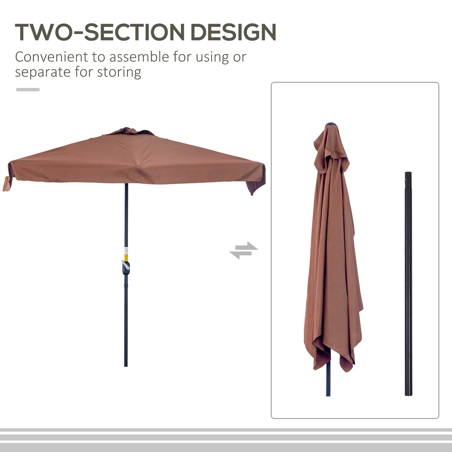 Brown outdoor umbrella with two-section design on a white background