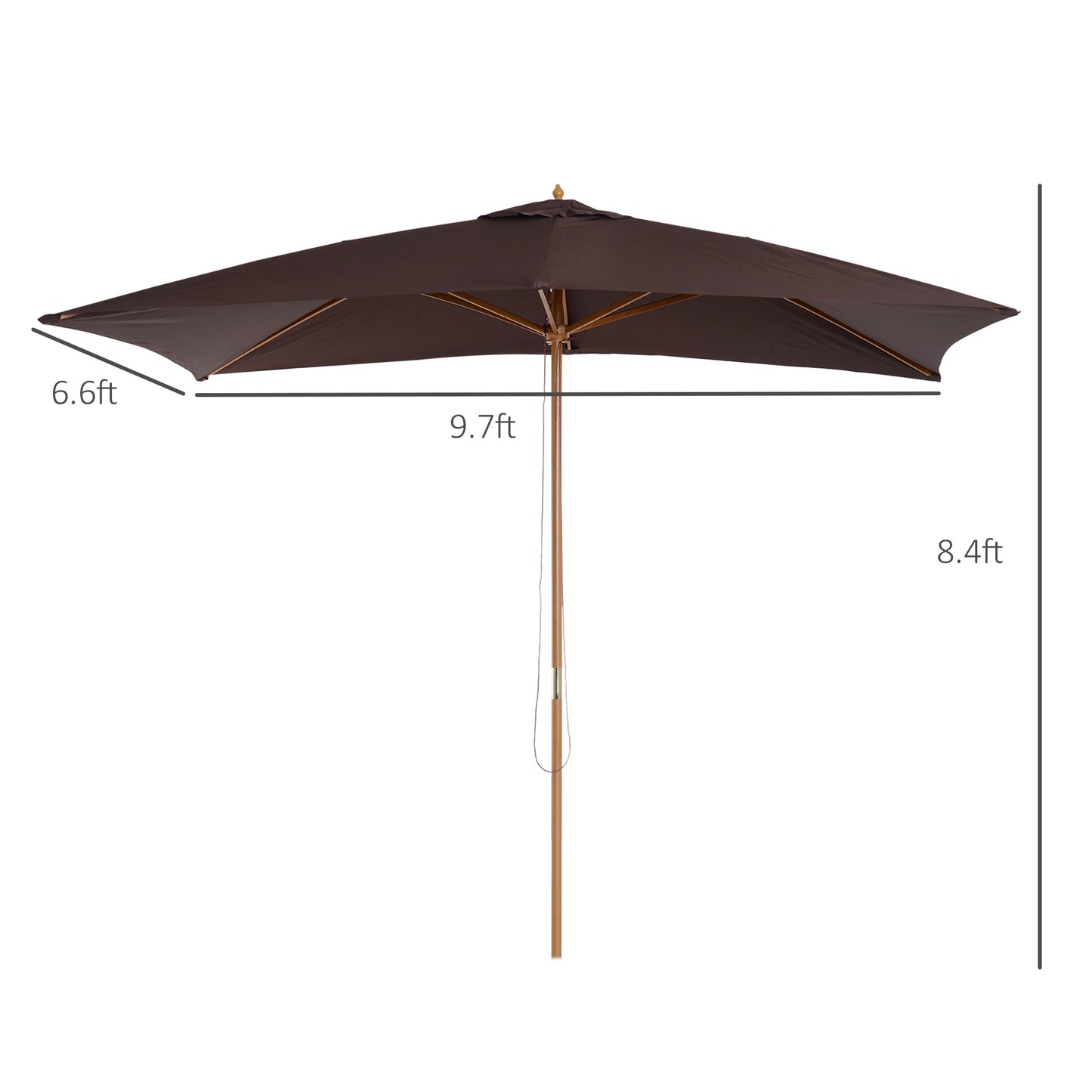 Brown patio umbrella with dimensions on a white background