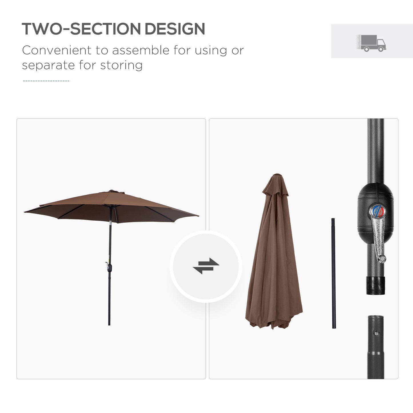 Brown patio umbrella with two-section design on a white background