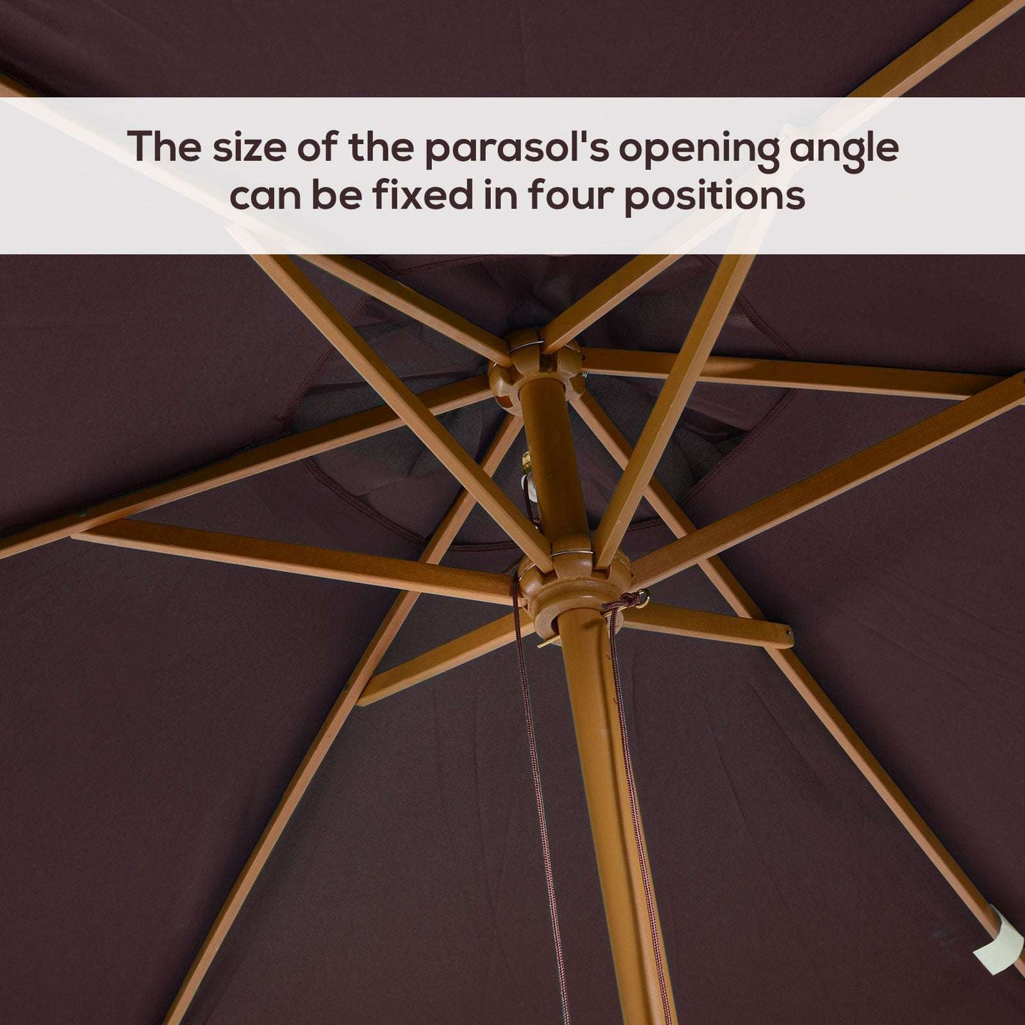 Close-up of a large umbrella with wooden frame and brown fabric, text indicating adjustable opening angle.