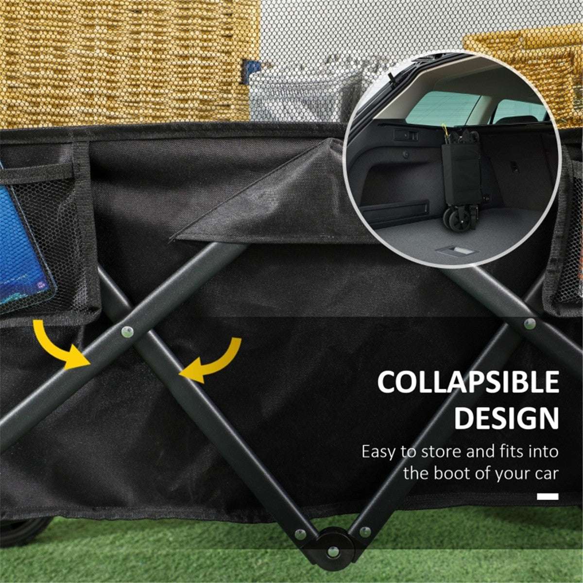 Collapsible car cargo organiser with storage pockets and a close-up of the car's boot.