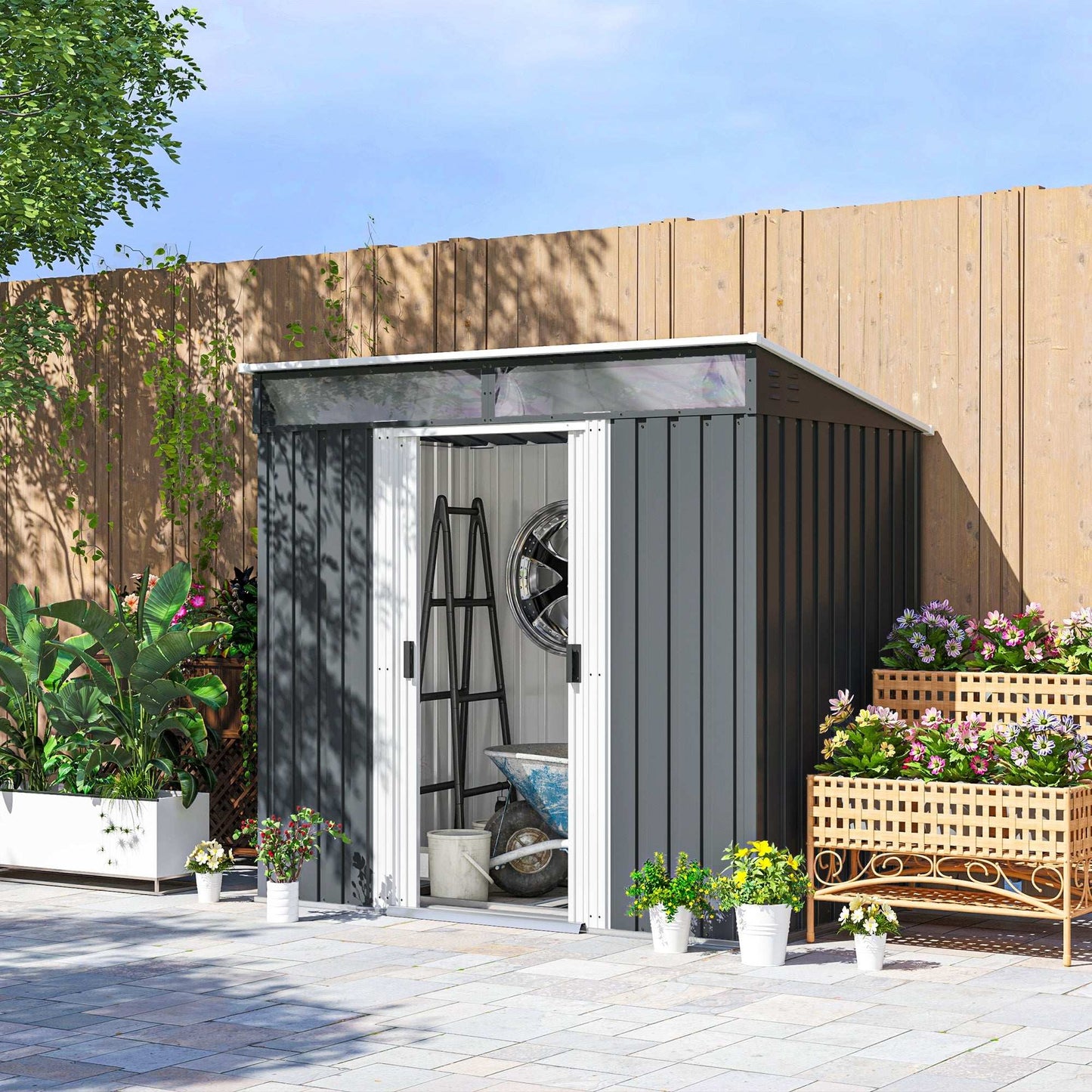 Compact grey metal garden shed with double sliding doors, open to reveal tools and tidy garden setting.