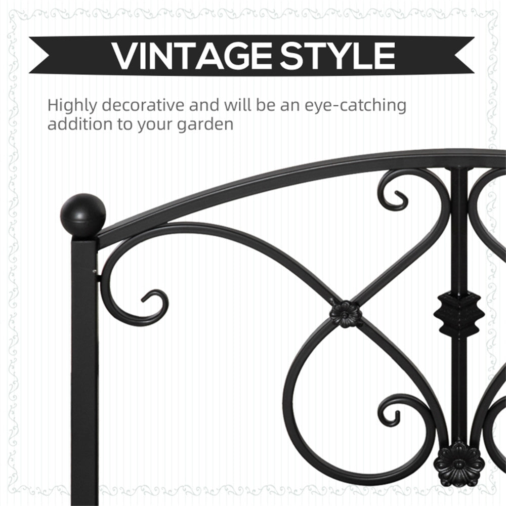 Decorative black metal railing with vintage style text on a white background