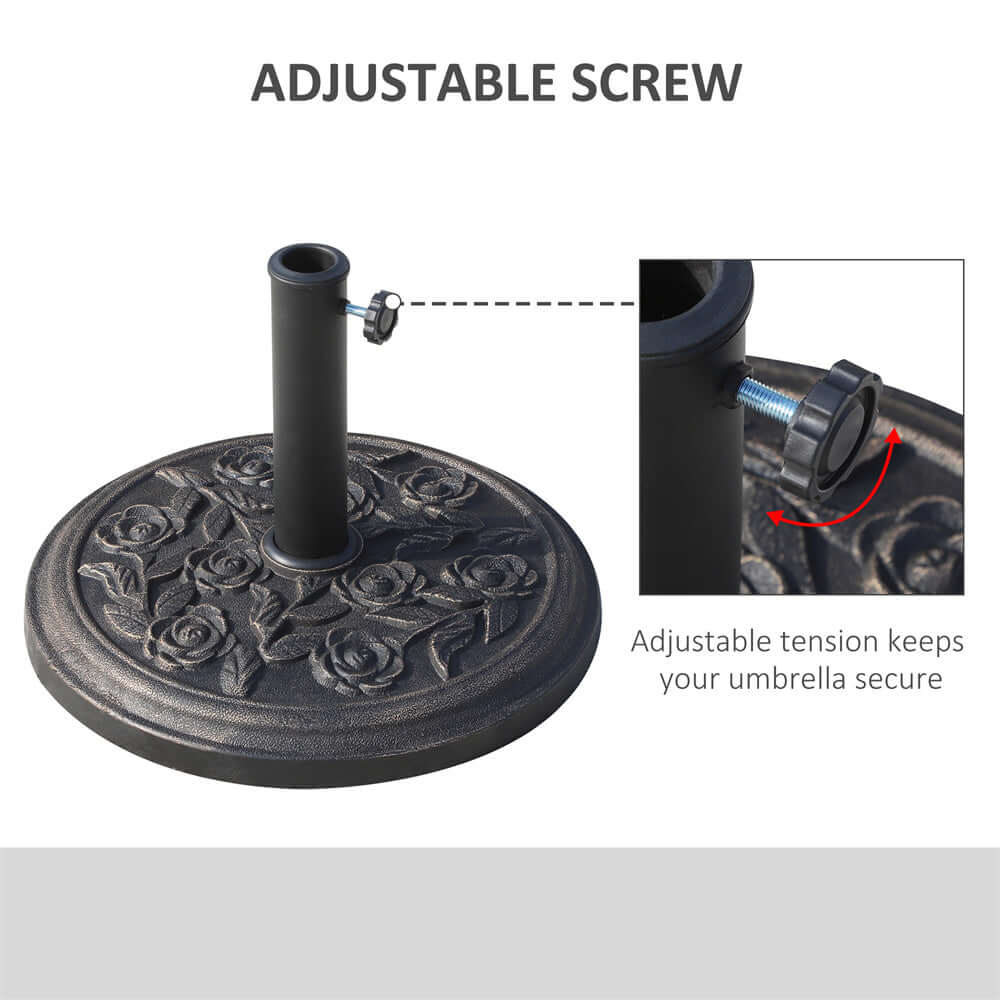 Decorative umbrella base with adjustable screw for secure attachment