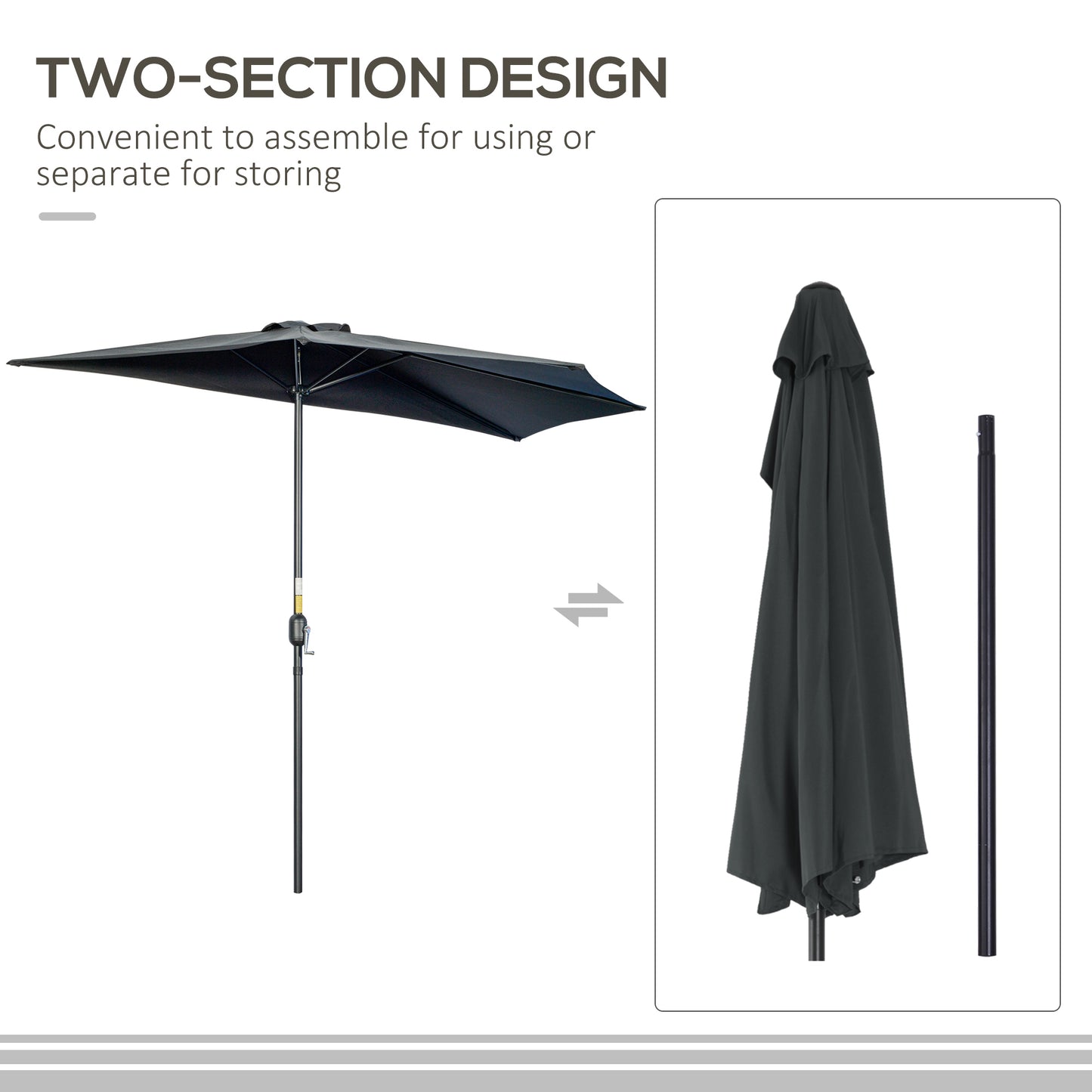 Black patio umbrella with two-section design on a white background