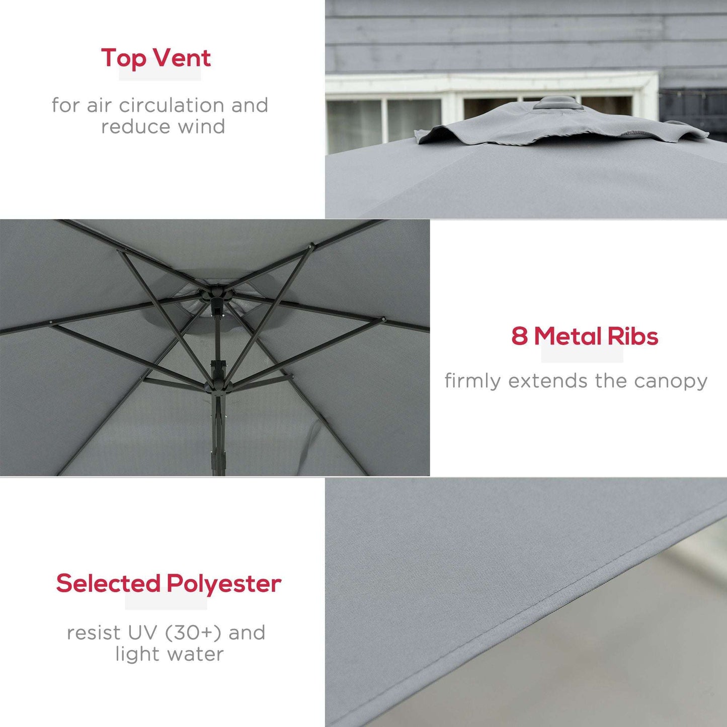 Examination of an umbrella's features including top vent, metal ribs, and selected polyester material.