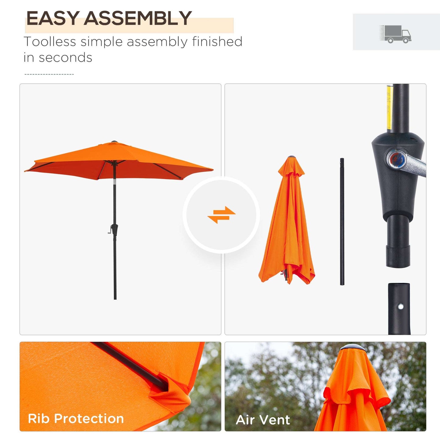 Orange patio umbrella with assembly instructions and features on a white background