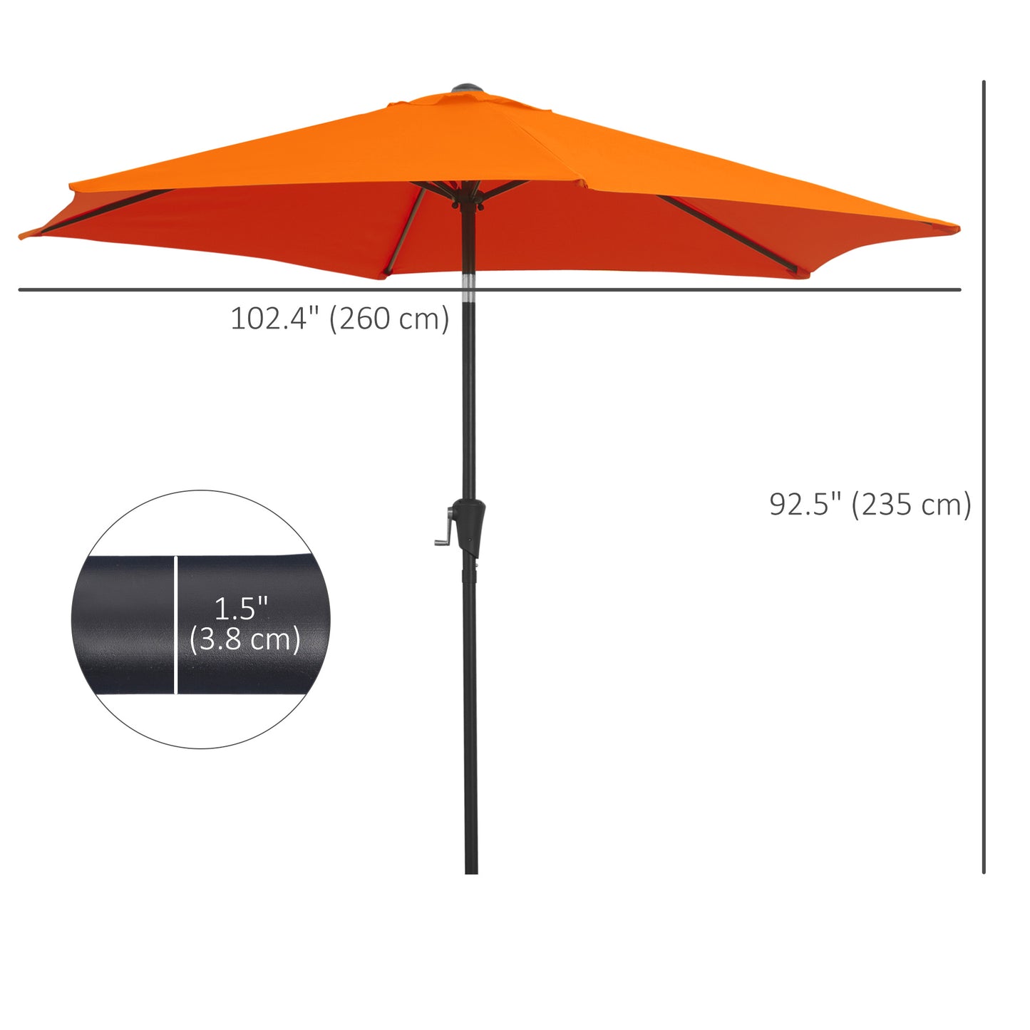 Orange patio umbrella with dimensions on a white background