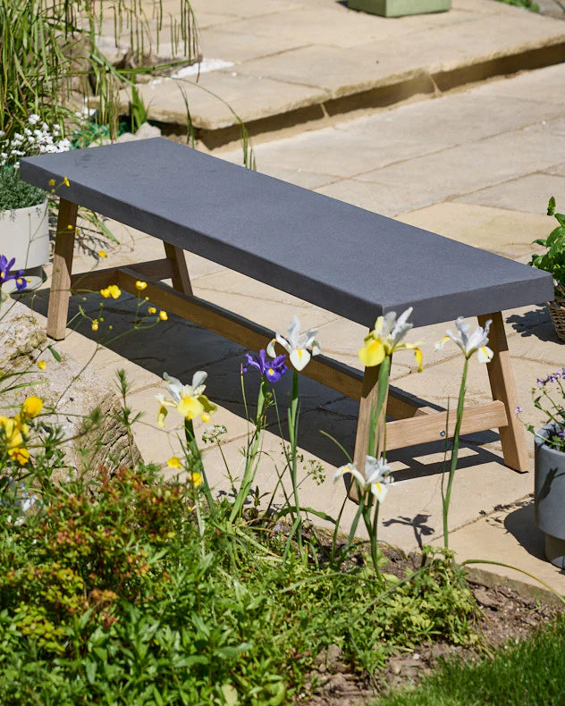 Grey garden bench with wooden legs