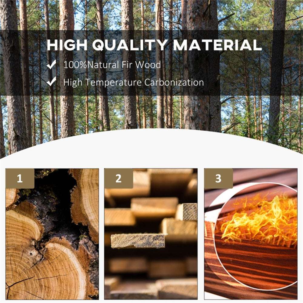 Advertisement for high-quality natural fir wood with forest background and wood properties shown.