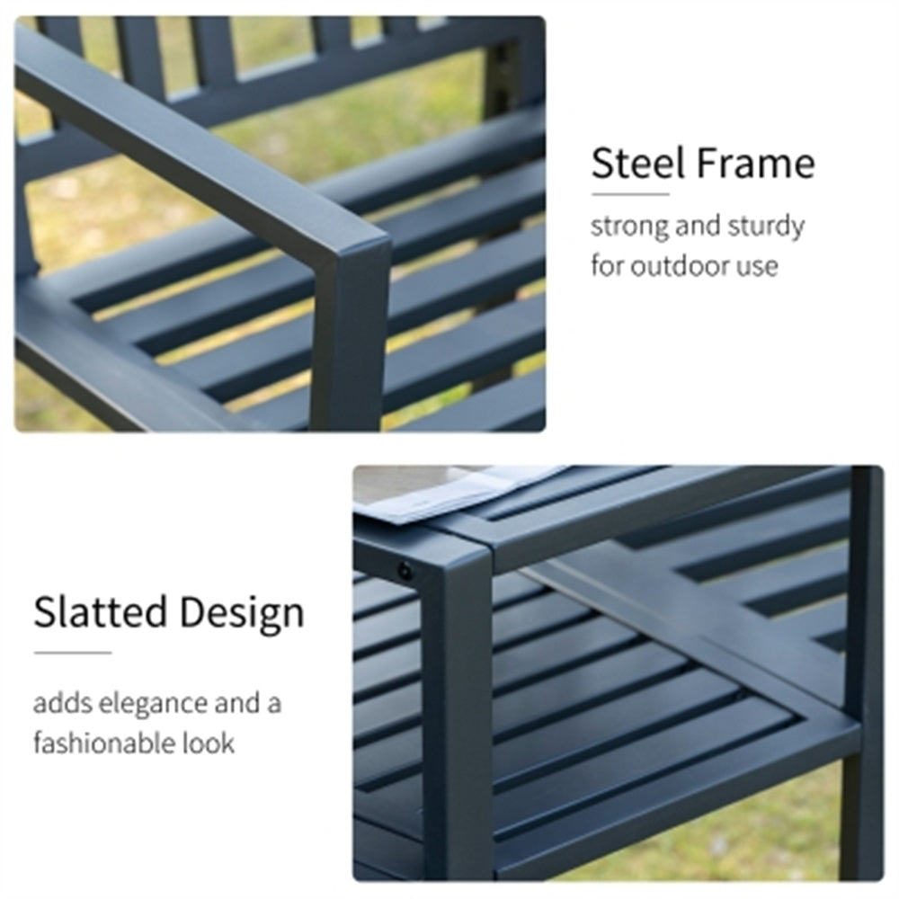 Steel frame structure with slatted design, labeled as strong and sturdy for outdoor use.