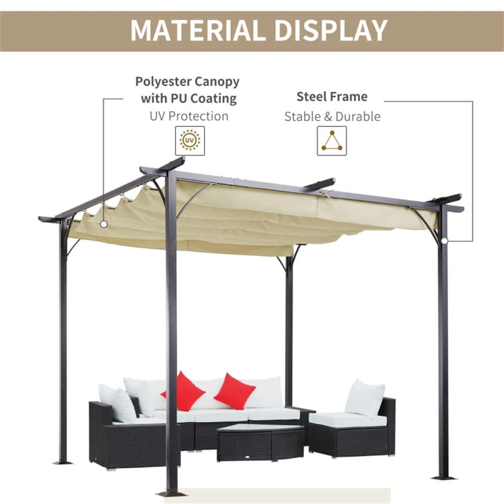 Garden gazebo with canopy and seating area, featuring material display text.