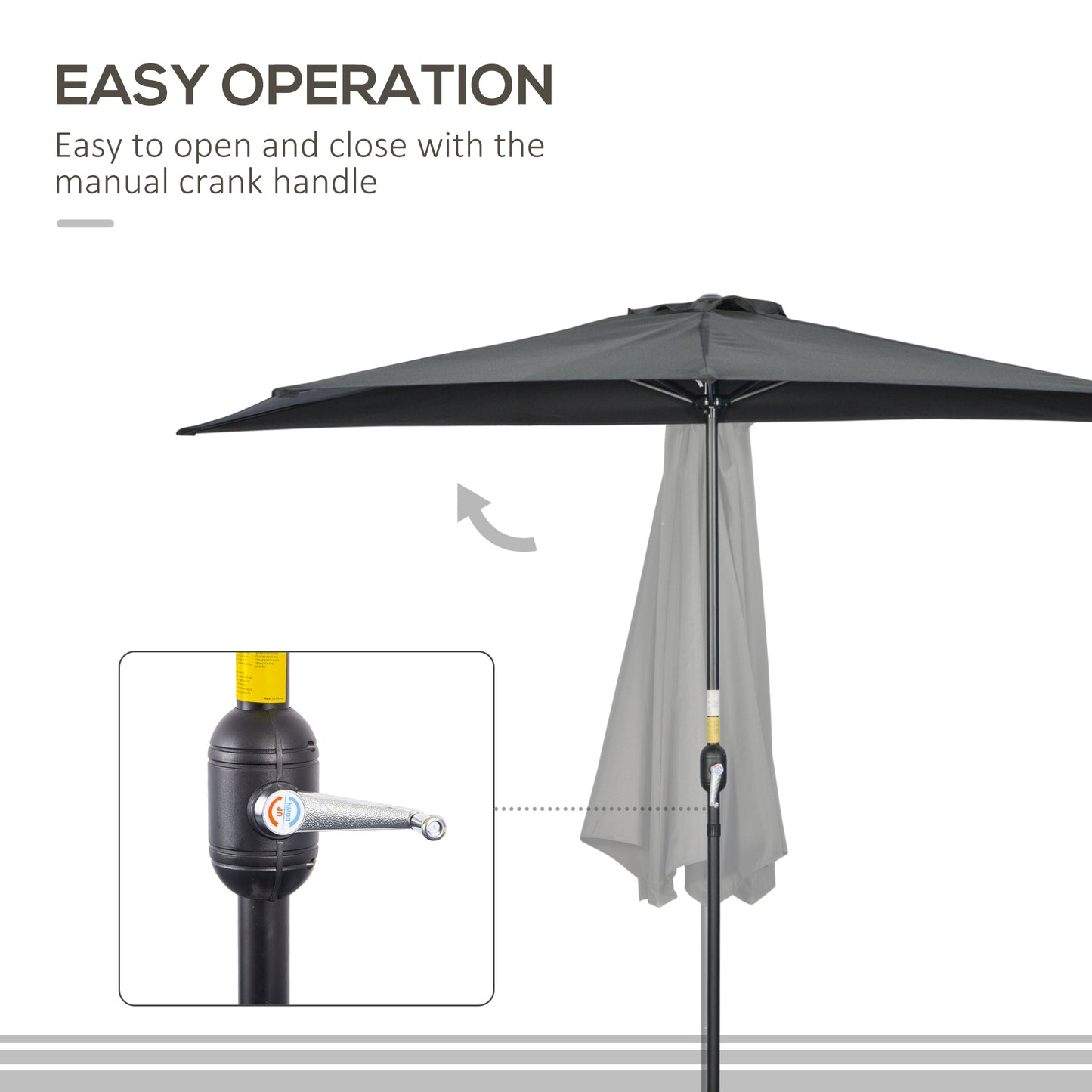 Gray outdoor umbrella with manual crank handle on a white background