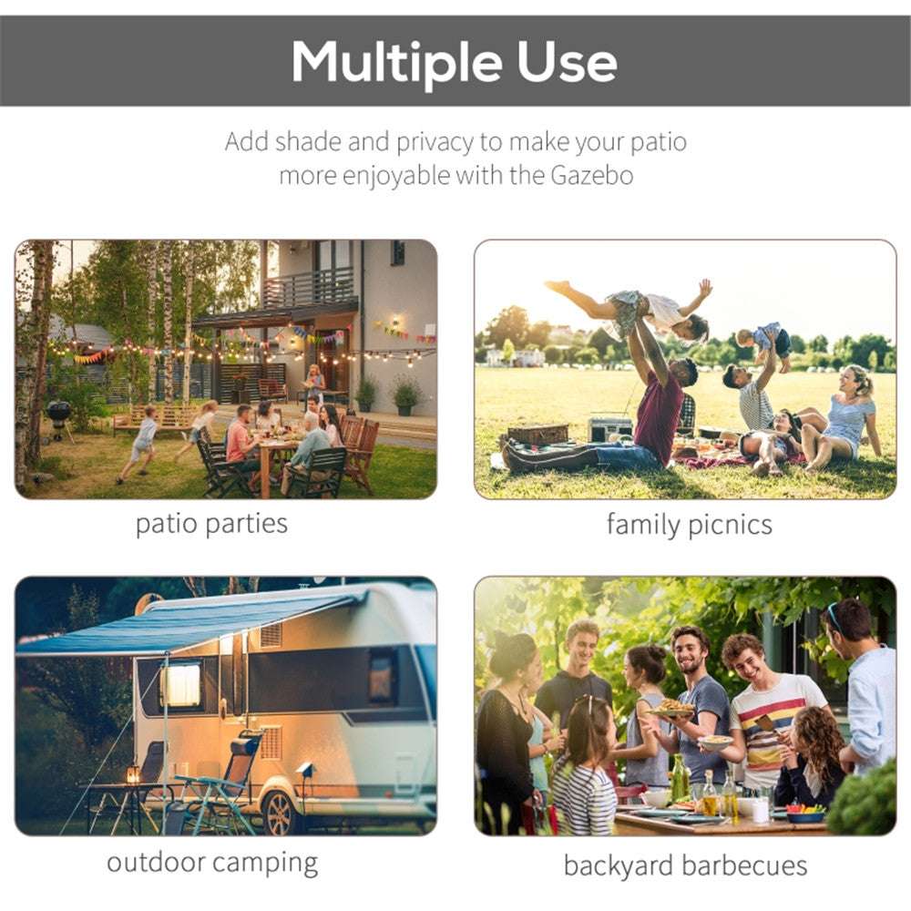 Gazebo advertisement showing its use in various outdoor activities.