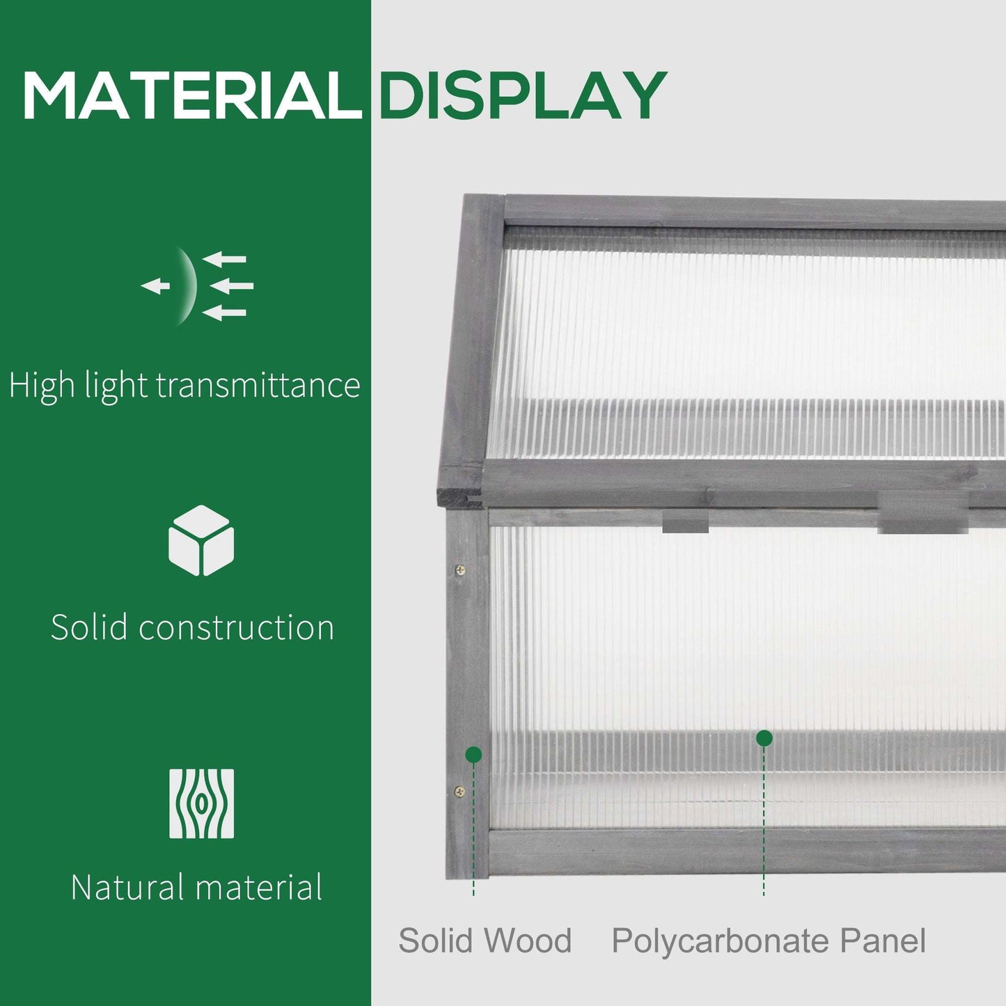 Polycarbonate panel with solid wood frame on a green background, featuring text on material display.