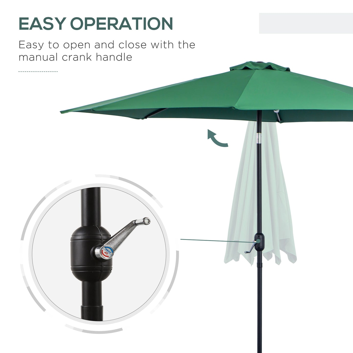 Green patio umbrella with manual crank handle on a white background
