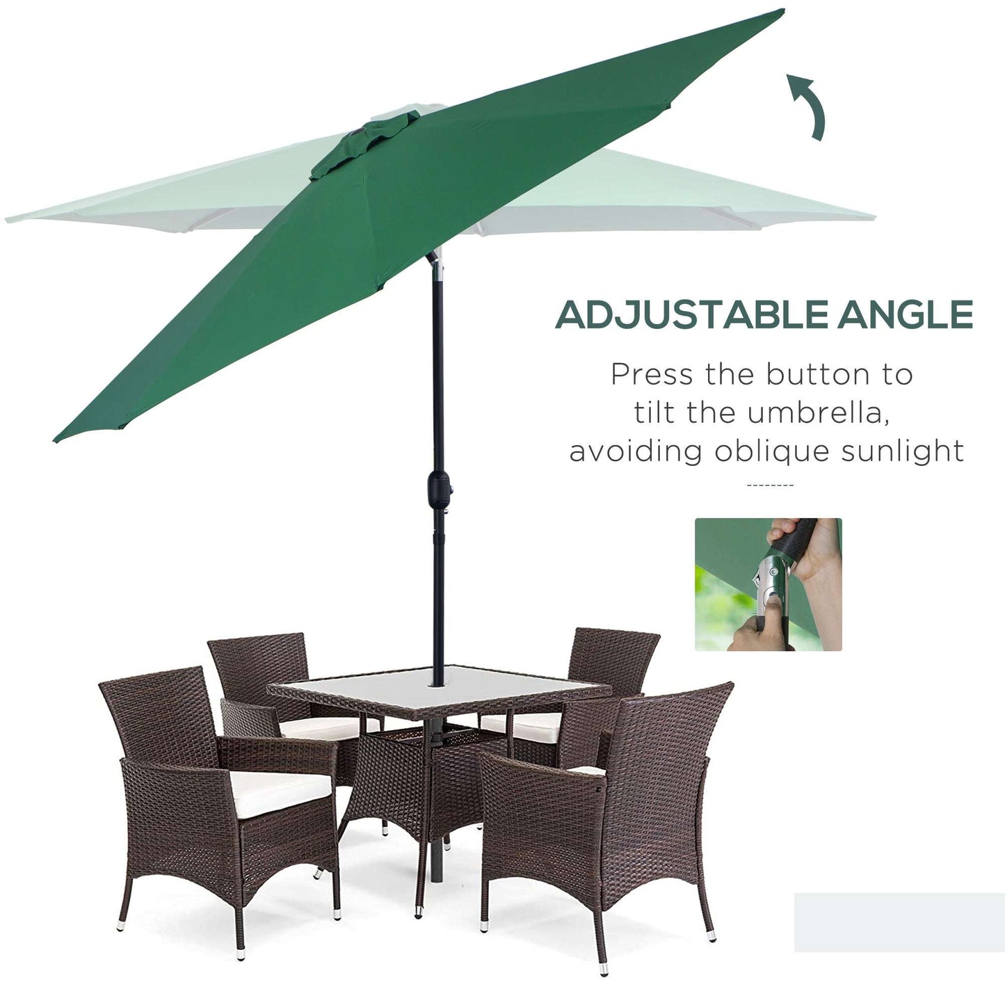 Green patio umbrella with brown chairs and table on a white background