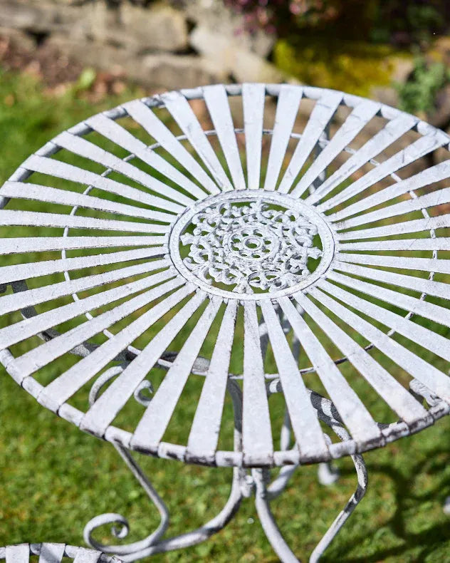 Grey metal garden bistro table part of bistro set for luxury garden living